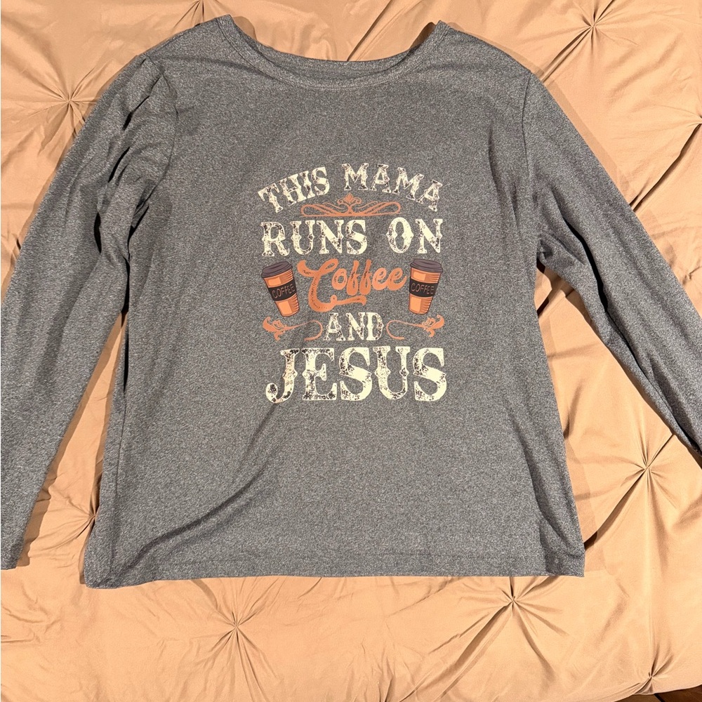 Gray Long Sleeve Tee with Coffee and Jesus Print